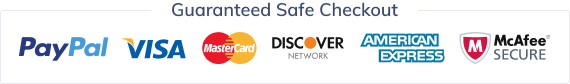 Guaranteed safe checkout with PayPal, Visa, MasterCard, Discover, American Express, and McAfee Secure