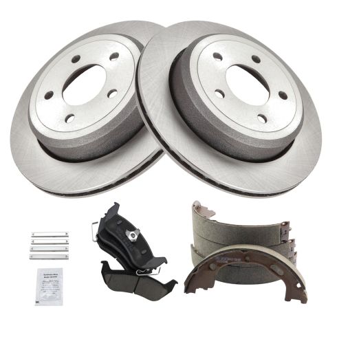 2003-04 Mercury Grand Marquis Marauder Rear Ceramic Brake Pad & Rotor Kit with Parking Shoes TRQ BKA28242